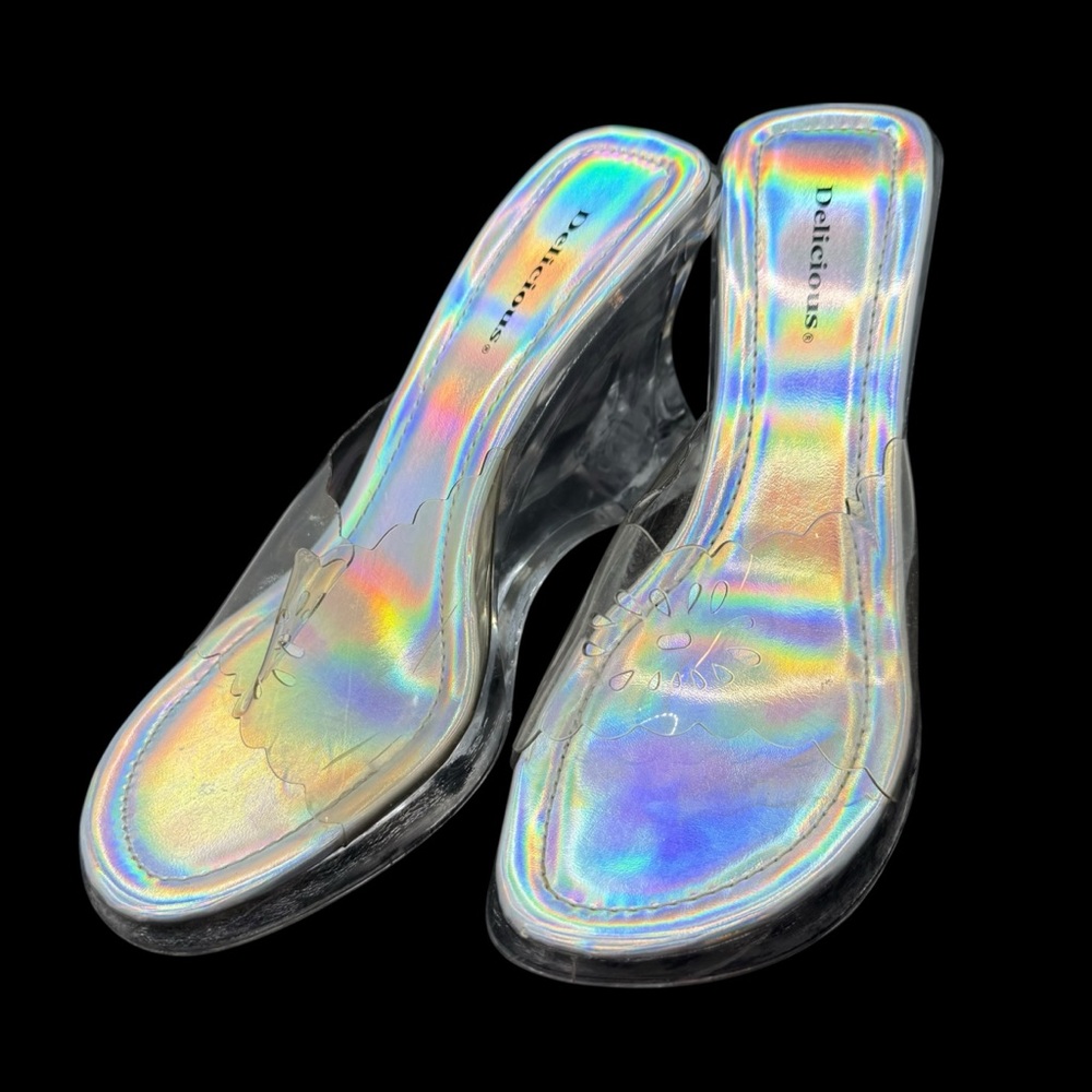 Sz 8.5 90s/Y2K Clear Chunky Acrylic 4” Block Heels Holographic Open Toe Vintage - Picture 2 of 13